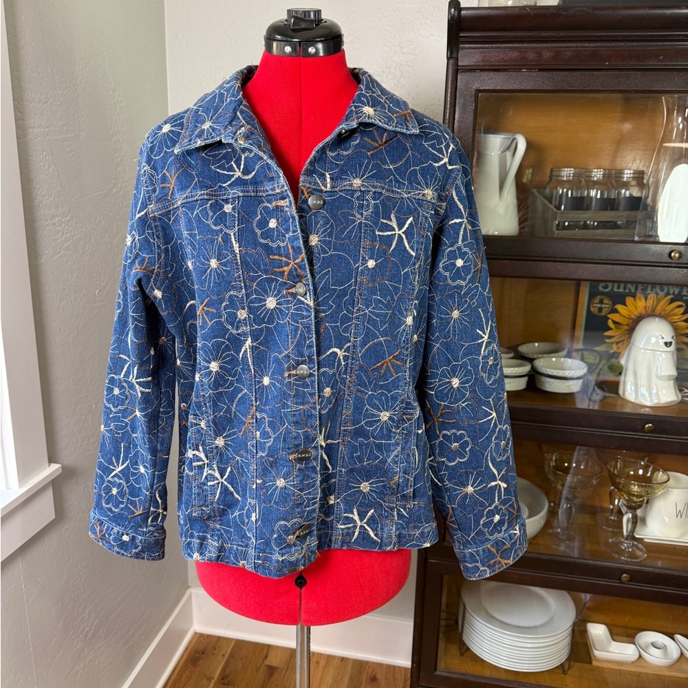 BNYJ Floral Embroidered Denim Jacket Button Front Western Boho Size Large